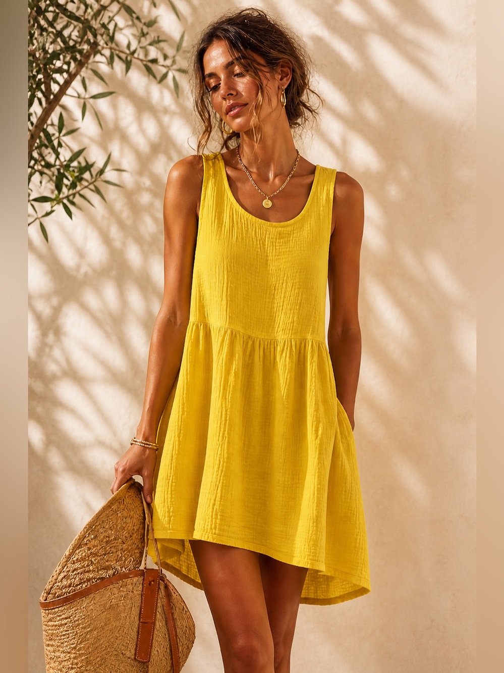 bryn WALKER Yellow Double Gauze Cotton Babydoll Dress | Boho Swing Tunic Hi-Low